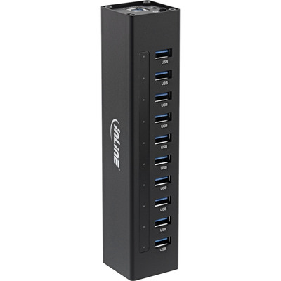 InLine® USB 3.2 Gen.1 Hub, 10 Port, Aluminiumgehäuse, schwarz, mit 4A Netzteil (Produktbild 1)