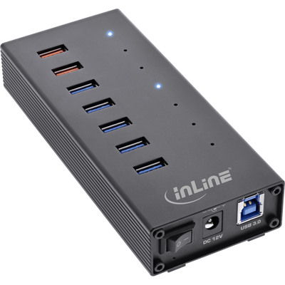 InLine USB 3.2 Gen.1 Hub, 7 Port, Aluminiumgehäuse, schwarz, mit 2,5A Netzteil