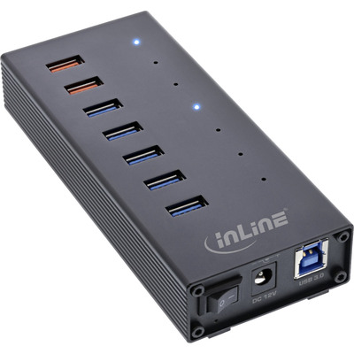 InLine® USB 3.2 Gen.1 Hub, 7 Port, Aluminiumgehäuse, schwarz, mit 2,5A Netzteil (Produktbild 1)