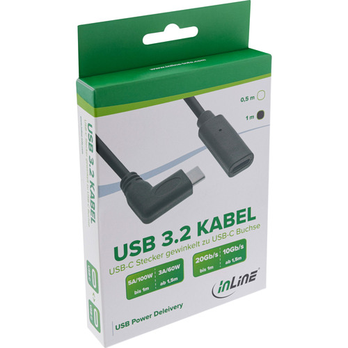InLine® USB 3.2 Gen.2x2 Kabel, USB-C Verl., ST gewink. auf BU, schwarz 0,5m