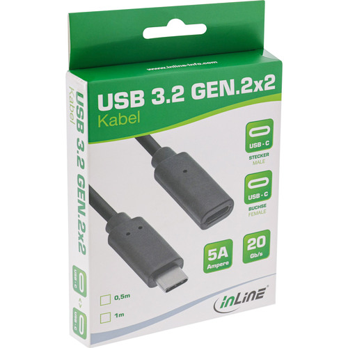 InLine® USB 3.2 Gen.2x2 Kabel, USB-C Verlängerung ST/BU, schwarz, 0,5m