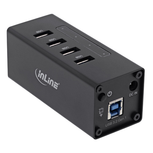 InLine® USB 3.2 Hub, 4 Port, Aluminiumgehäuse, schwarz, mit 2,5 A Netzteil