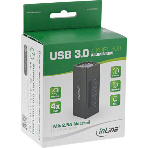 InLine® USB 3.2 Hub, 4 Port, Aluminiumgehäuse, schwarz, mit 2,5 A Netzteil