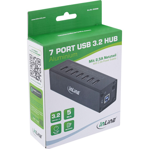 InLine® USB 3.2 Hub, 7 Port, Aluminiumgehäuse, schwarz, mit 2,5 A Netzteil