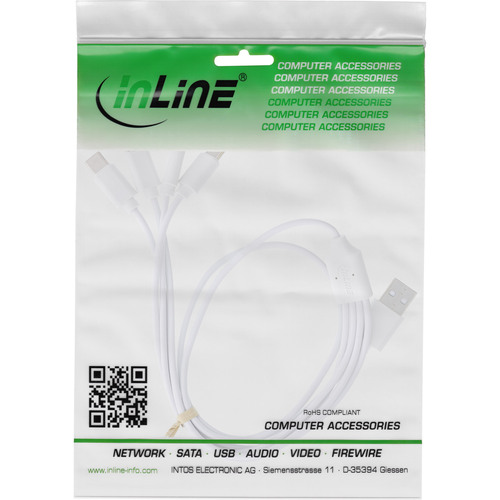 InLine® USB 4in1 Y-Ladekabel, 1x USB-A Stecker an 4x USB-C Stecker, weiß, 0,5m