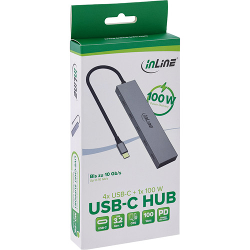 InLine® USB-C Hub, 4x USB-C + Power Delivery 100 W, USB 3.2 Gen.2, grau
