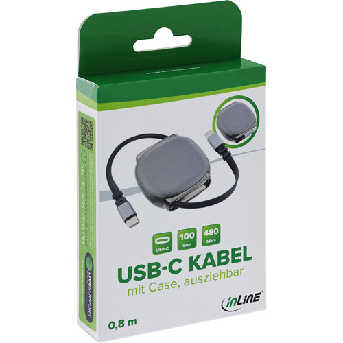 InLine® USB-C Kabel im Case, einziehbar, 100W, 0,80m, schwarz/grau