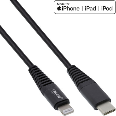 InLine USB-C Lightning Kabel, für iPad, iPhone, iPod, schwarz/Alu, 1m MFi-zertifiziert