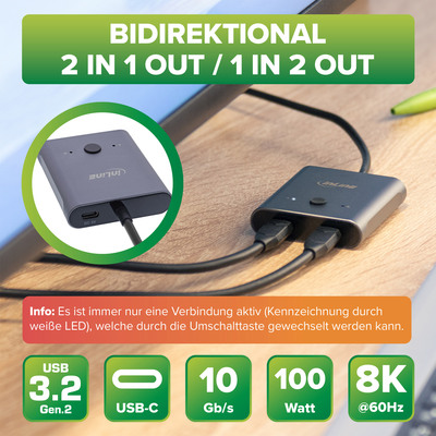 InLine® USB-C Switch, bidirektionaler Umschalter, 8K, 10Gb/s, 100W