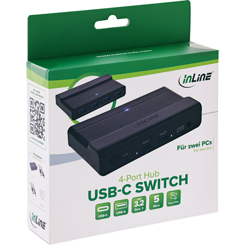 InLine® USB-C Switch, Umschalter für 2 PCs, 4-Port Hub, USB 3.2 Gen.1, schwarz