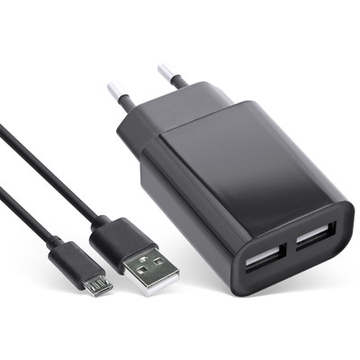 InLine USB DUO+ Ladeset, Netzteil 2-fach + Micro-USB Kabel, Ladegerät, Stromadapter, 100-240V zu 5V/2.1A, schwarz