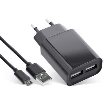 InLine® USB DUO+ Ladeset, Netzteil 2-fach + Micro-USB Kabel, Ladegerät, Stromadapter, 100-240V zu 5V/2.1A, schwarz (Produktbild 1)