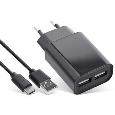 InLine® USB DUO+ Ladeset, Netzteil 2-fach + USB-C Kabel, Ladegerät, Stromadapter, 100-240V zu 5V/2.1A, schwarz