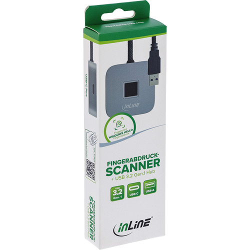 InLine® USB Fingerabdruckscanner mit Hub, Windows Hello, 1,5 m, silber