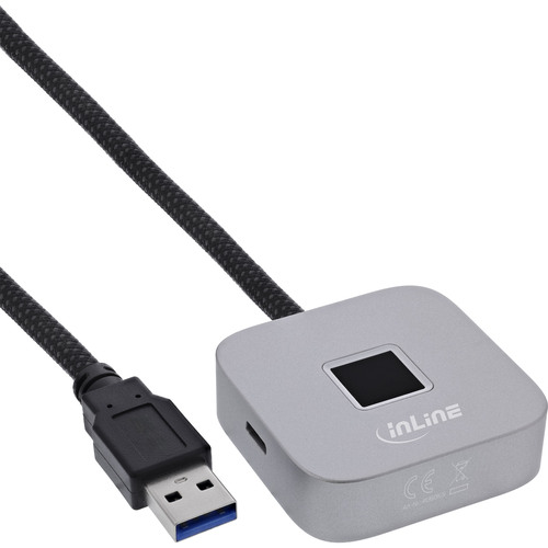 InLine® USB Fingerabdruckscanner mit Hub, Windows Hello kompatibel 1,5m silber