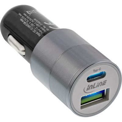 InLine USB KFZ Ladegerät Stromadapter Quick Charge 3.0, 12/24VDC zu 5V DC/3A, USB-A + USB Typ-C, schwarz
