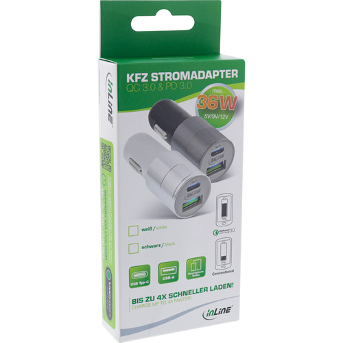 InLine® USB KFZ Stromadapter Quick Charge 3.0, 12/24VDC zu 5V DC/3A, USB-A+USB-C