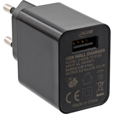 InLine® USB Ladegerät Single, Netzteil, 100-240V zu 5V/2,5A, schwarz (Produktbild 1)