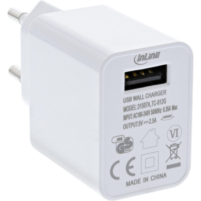 InLine® USB Ladegerät Single, Netzteil, 100-240V zu 5V/2,5A, weiß (Produktbild 1)