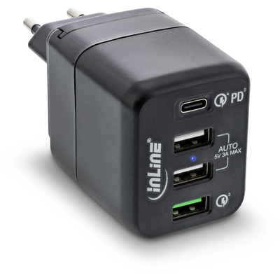 InLine® USB Netzteil, 4-port Ladegerät, USB-C PD+QC4 / QC3, 45W, schwarz (Produktbild 1)