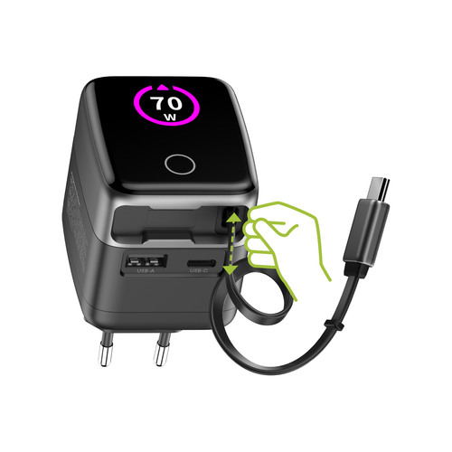 InLine® USB Netzteil, 70W, GaN, USB-C PD + USB-A QC, Kabel 60cm, schwarz