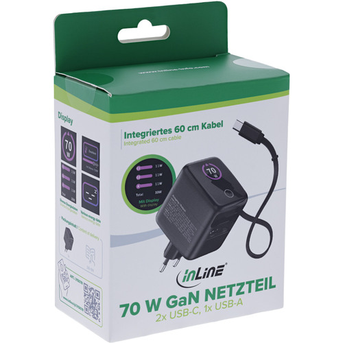 InLine® USB Netzteil, 70W, GaN, USB-C PD + USB-A QC, Kabel 60cm, schwarz