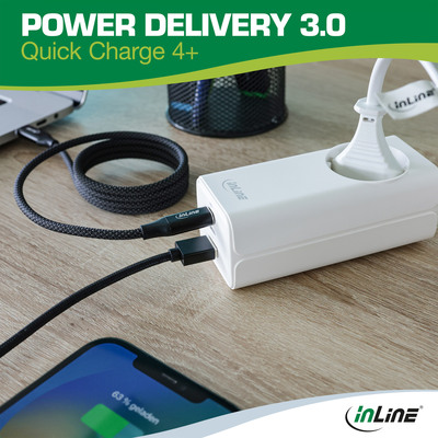 InLine® USB Netzteil, GaN Ladegerät, 2x USB-C, 1x USB-A, mit Schutzkontaktbuchse