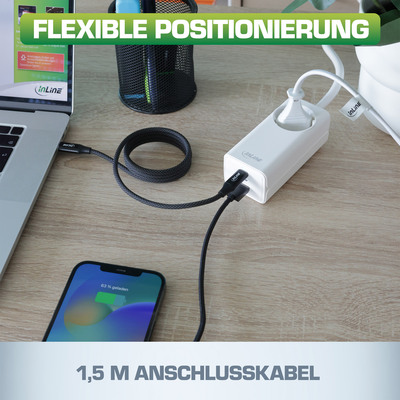 InLine® USB Netzteil, GaN Ladegerät, 2x USB-C, 1x USB-A, mit Schutzkontaktbuchse
