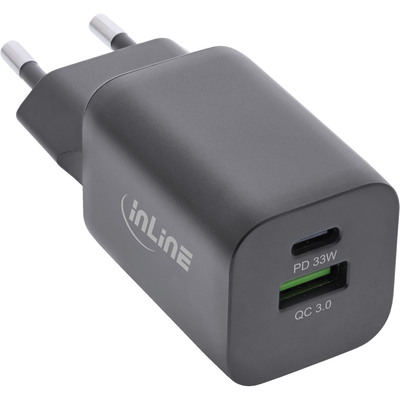 InLine USB Netzteil, Ladegerät, USB-A + USB Typ-C, 33W, Power Delivery + Quick Charge, schwarz