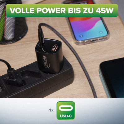 InLine® USB PD Netzteil, GaN Ladegerät, 1-Port, USB-C, 45W, mit Display