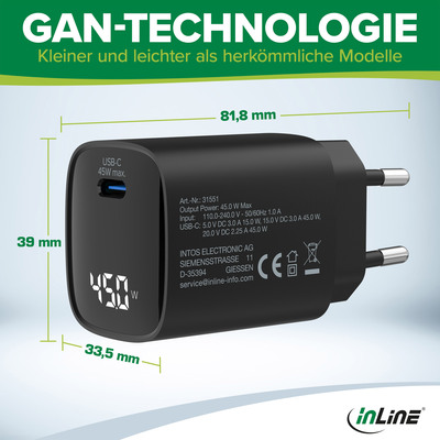 InLine® USB PD Netzteil, GaN Ladegerät, 1-Port, USB-C, 45W, mit Display