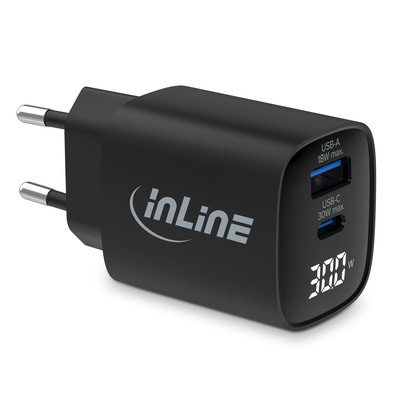 InLine® USB PD Netzteil, GaN Ladegerät, 2-Port, USB-C + USB-A, 30W, mit Display