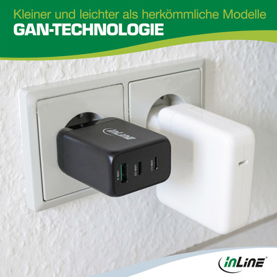 InLine® USB PD Netzteil, GaN Ladegerät, 3-Port, Dual USB-C + USB-A, 65W, schwarz