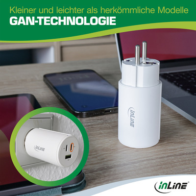 InLine® USB PD Netzteil, GaN Ladegerät, 3-Port, Dual USB-C + USB-A, 65W, weiß