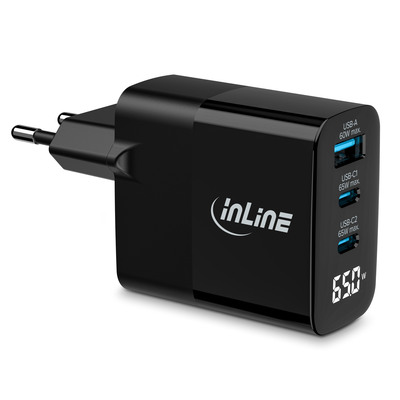 InLine® USB PD Netzteil, GaN Ladegerät, 3-Port, USB-C + USB-A, 65W, mit Display