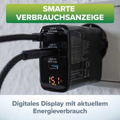 InLine® USB PD Netzteil, GaN Ladegerät, 3-Port, USB-C + USB-A, 65W, mit Display
