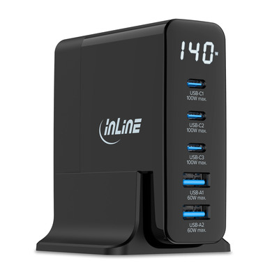 InLine® USB PD Netzteil, GaN Ladegerät, 5-Port, USB-C + USB-A, 140W, mit Display
