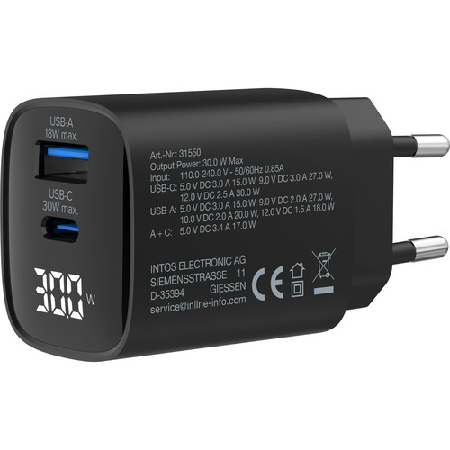 InLine® USB PD Netzteil, GaN Ladegerät, QC, USB-C + USB-A, 30W, mit Display
