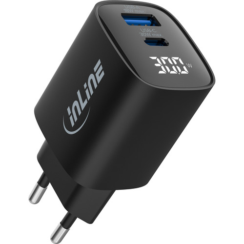 InLine® USB PD Netzteil, GaN Ladegerät, QC, USB-C + USB-A, 30W, mit Display