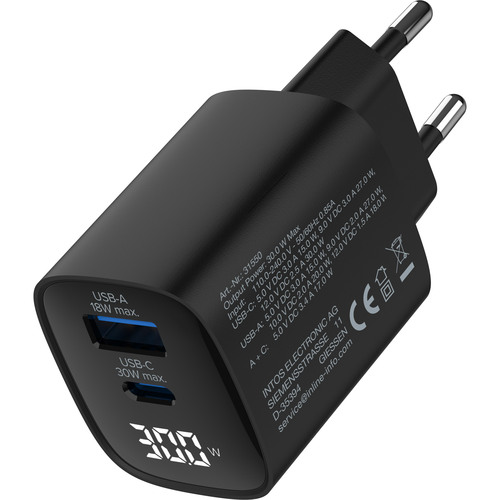 InLine® USB PD Netzteil, GaN Ladegerät, QC, USB-C + USB-A, 30W, mit Display
