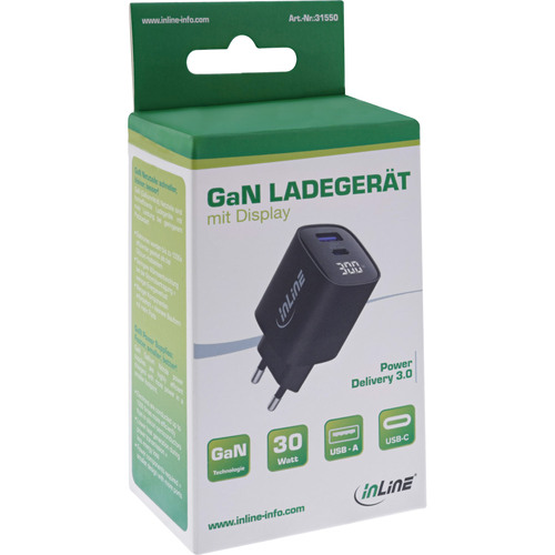 InLine® USB PD Netzteil, GaN Ladegerät, QC, USB-C + USB-A, 30W, mit Display