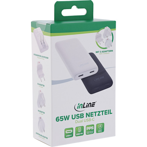 InLine® USB Reise-Netzteil Ladegerät, Dual USB-C, PD, PPS, 65W, flach, weiß
