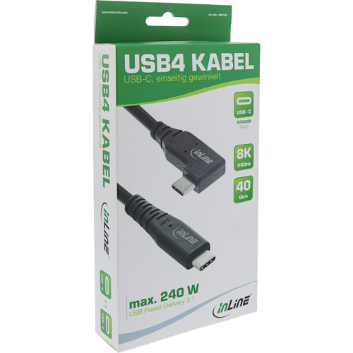 InLine® USB4 Kabel, USB-C, gewinkelt, PD 240 W, 8K60Hz, TPE, schwarz, 0,50 m