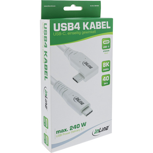 InLine® USB4 Kabel, USB-C, gewinkelt, PD 240 W, 8K60Hz, TPE, weiß, 1 m