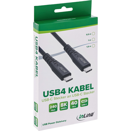 InLine® USB4 Kabel, USB-C ST/ST, PD 240 W, 8K60Hz, TPE, Schwarz, 1,50 m