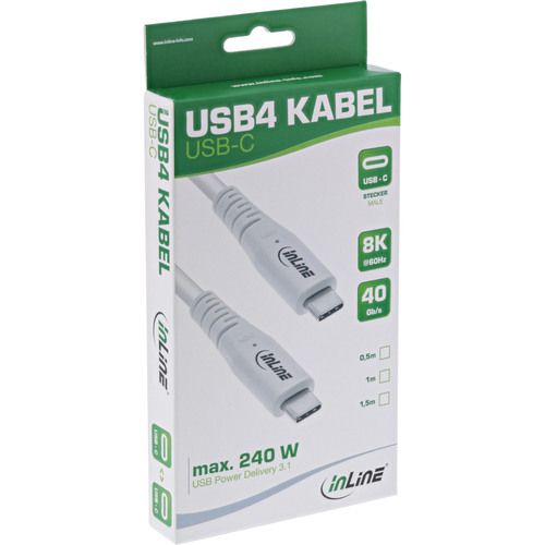 InLine® USB4 Kabel, USB-C ST/ST, PD 240 W, 8K60Hz, TPE, Weiß, 1 m