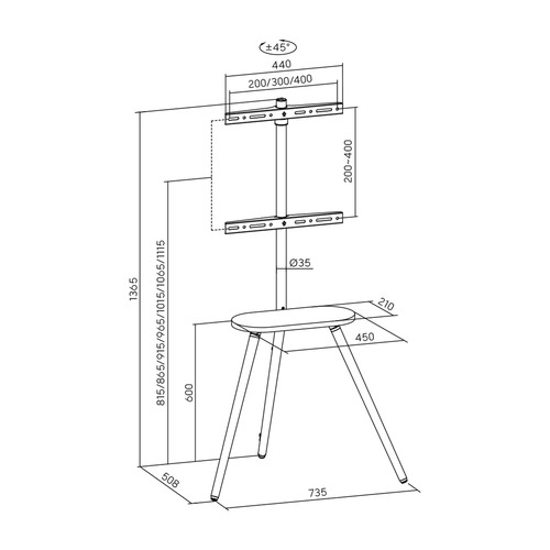 InLine® woodstand II, TV-Standfuß mit Ablage, Dreibein, 43-65 (110-165cm)