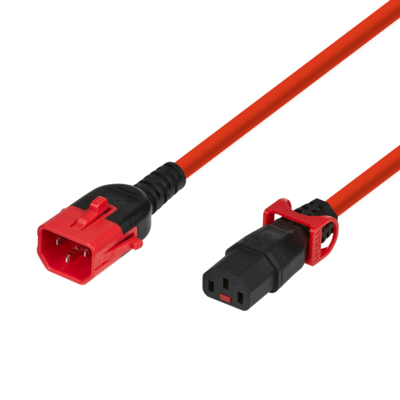 Kaltgeräteverlängerung Dual-Lock C14 - C13 -- IEC Lock, rot, 1 m Kaltgeräteverlängerung Dual-Lock C14 - C13 -- IEC Lock, rot, 1 m