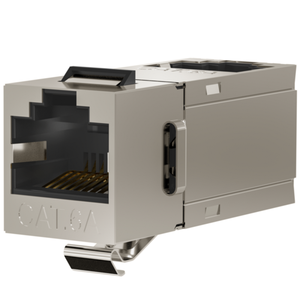 Keystone + Adapter  Keystone Einbauadapter RJ45 STP, Cat.6A, 90° Anschluß, Edelstahlblechgehäuse - 1 VPE = 100 Stück Keystone + Adapter