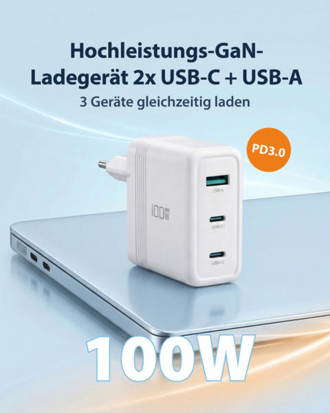 Ladegerät 100W 2xUSB-C + USB-A PD3.0 GaN QC3.0, Eingang:100-240V~2A 50/60Hz weiß